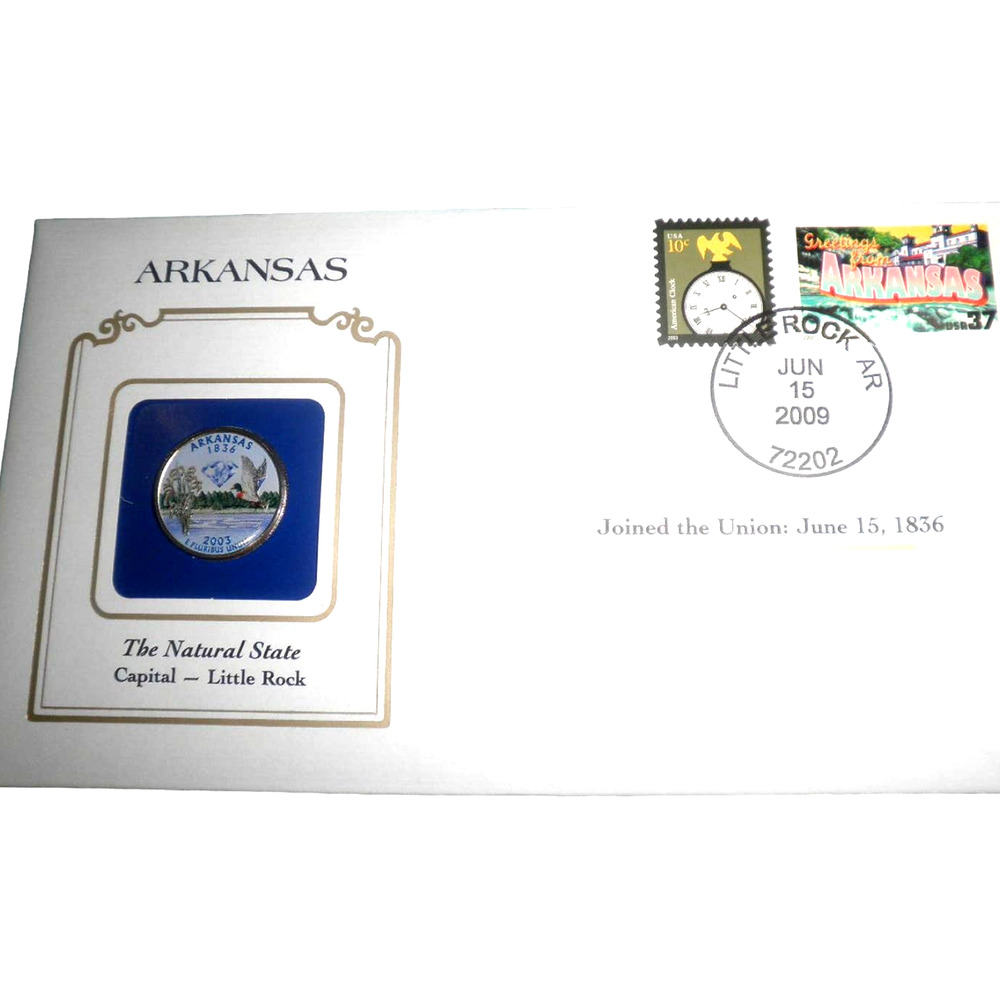ARKANSAS COLORIZED QUARTER & FIRST DAY COVERS BY POSTAL COMMEMORATIVE SOCIETY